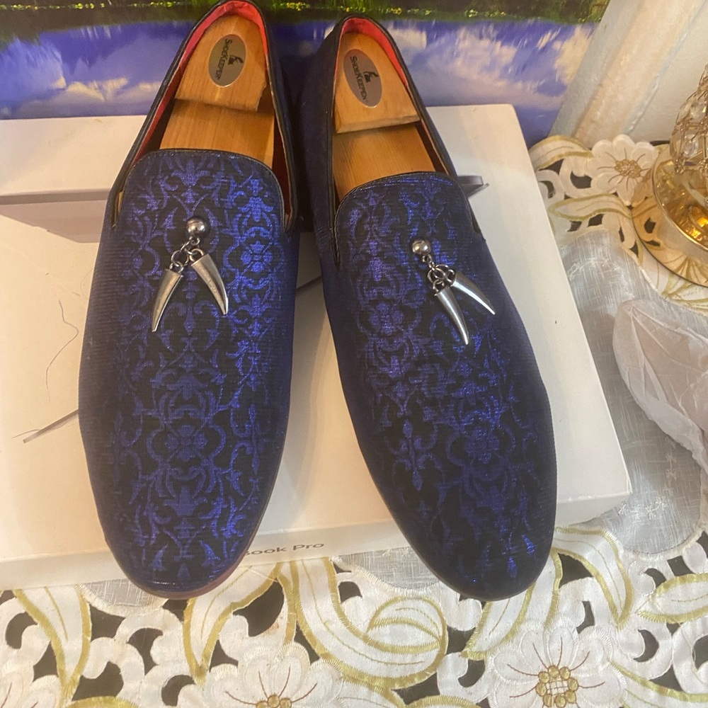 Blue and Black floral loafers for men.